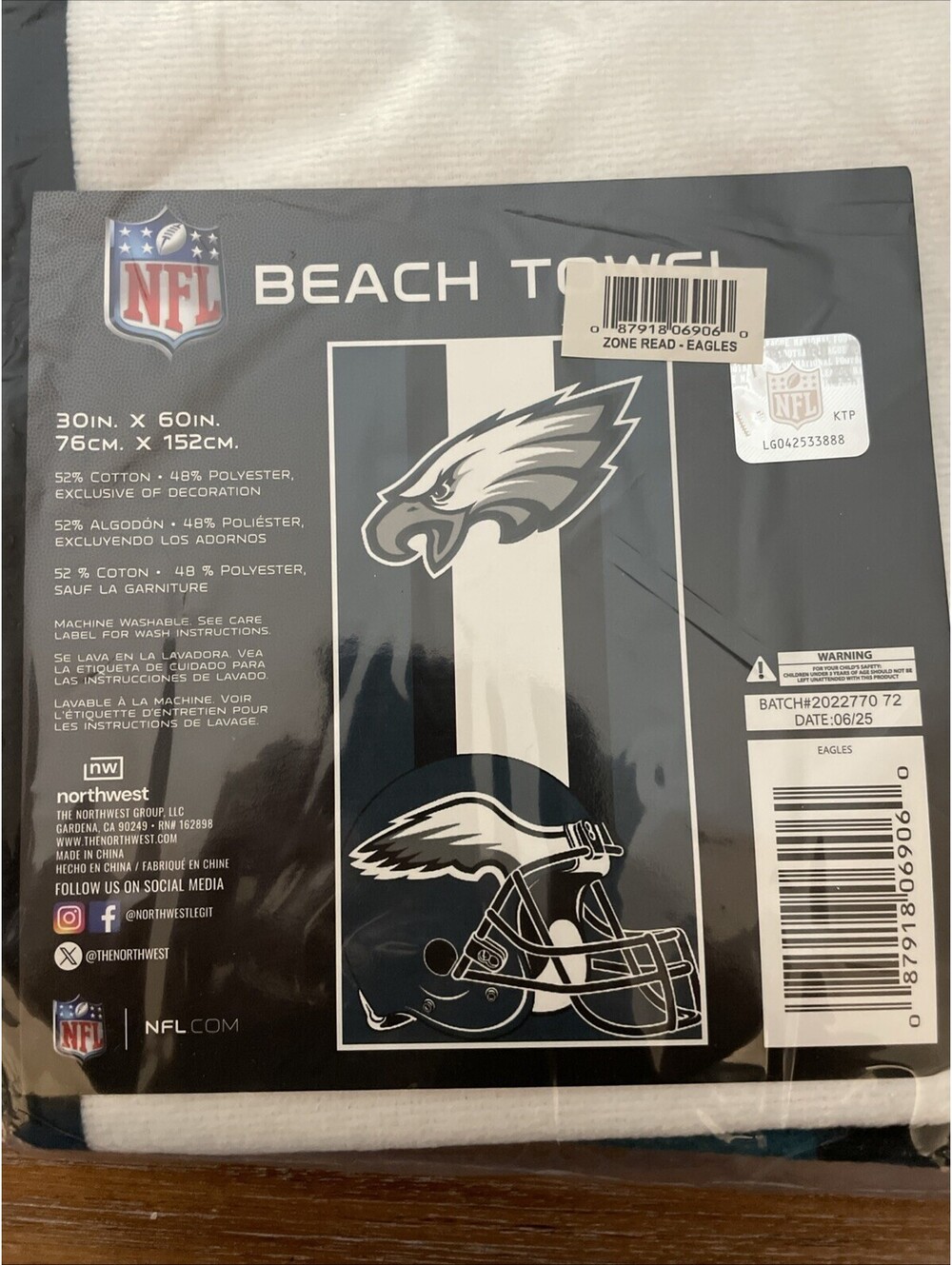 Philadelphia Eagles Beach Towel 30x60 Northwest Group NEW
